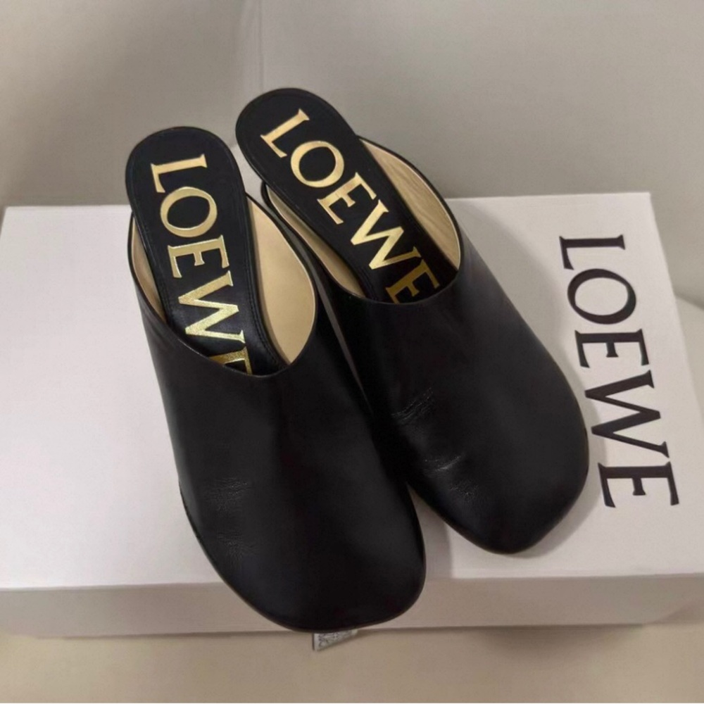 Loewe Black Leather Slip-On Mules with Gold Logo Insole